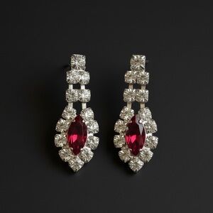 Vintage Ruby Rhinestone Drop Earrings Marquise Crystal Bridal Glam